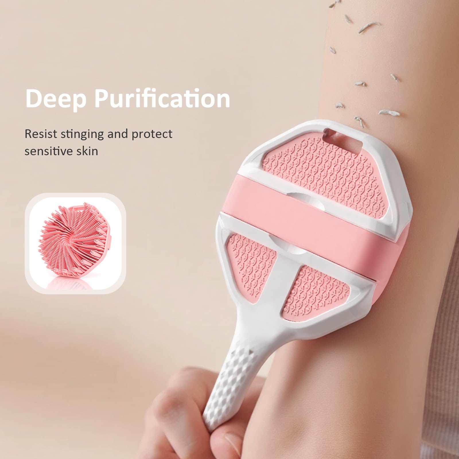 3PCS Extender Handle Set,17in Lengthen Detachable Long Handle Back Brush*1,Silicone Body Scrubber for Gentle Exfoliating and Massage Can Produce Rich Foam*2,Long Handle Back Scrubber for Men (White)