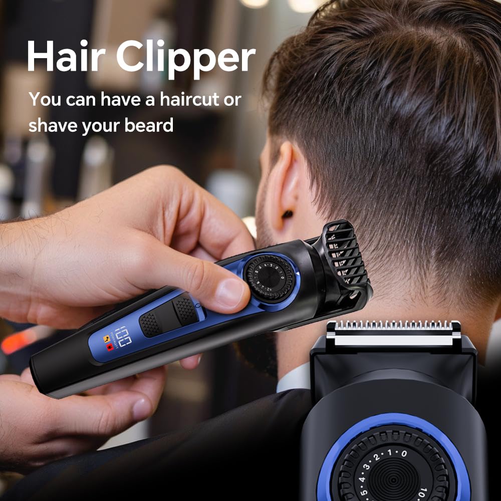 Electric Beard Trimmer for Men Professional Adjustable Length and Hair Clipper, Men's Beard Mustache Trimming and Body Hair Trimmer, Cordless Digital Display and Rechargeable USB Type-c Charger (Blue)
