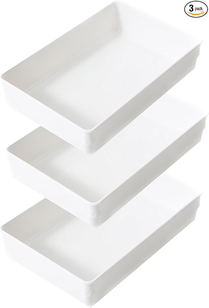 ihomecooker 3 Pack White Plastic Drawer Organizer Tray Cutlery Utensil Makeups Drawer Organizers 9" X 6"
