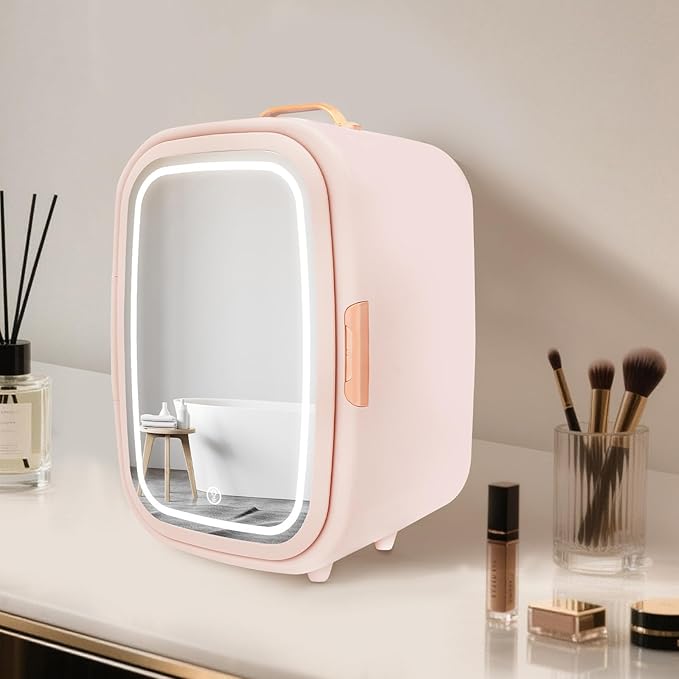 REHOUPTU Cosmetic Fridge with LED Mirror & Adjustable Shelves, 12V/110V Mini Skincare Refrigerator for Bedroom, Vanity, Office, 4 Gal, Gift for Women (Pink)