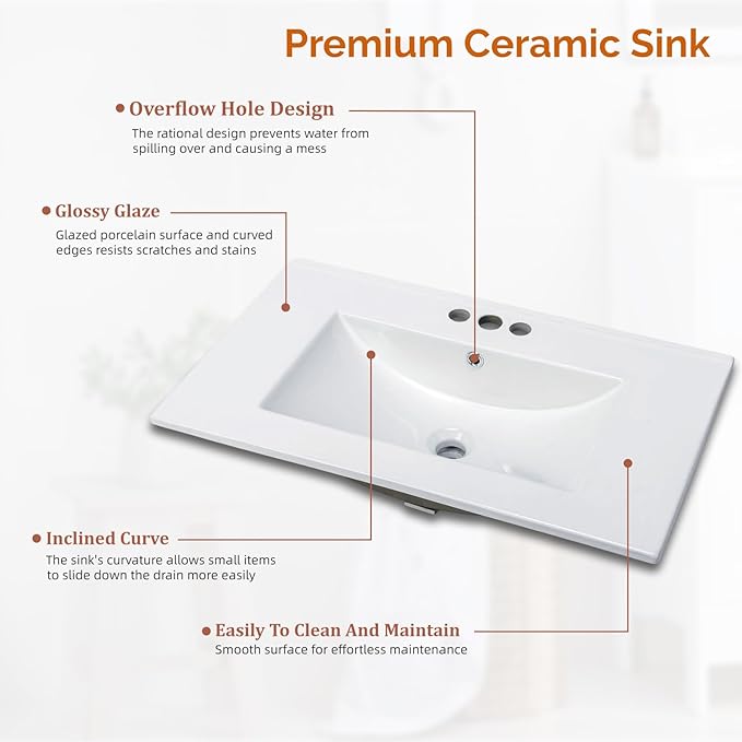 VINGLI 30 Inch White Bathroom Vanity with Sink, Modern Freestanding Sink Vanity with Soft-Close Doors and Storage Shelves, White Bathroom Cabinet with Single Hole Ceramic Basin for Small Bathrooms