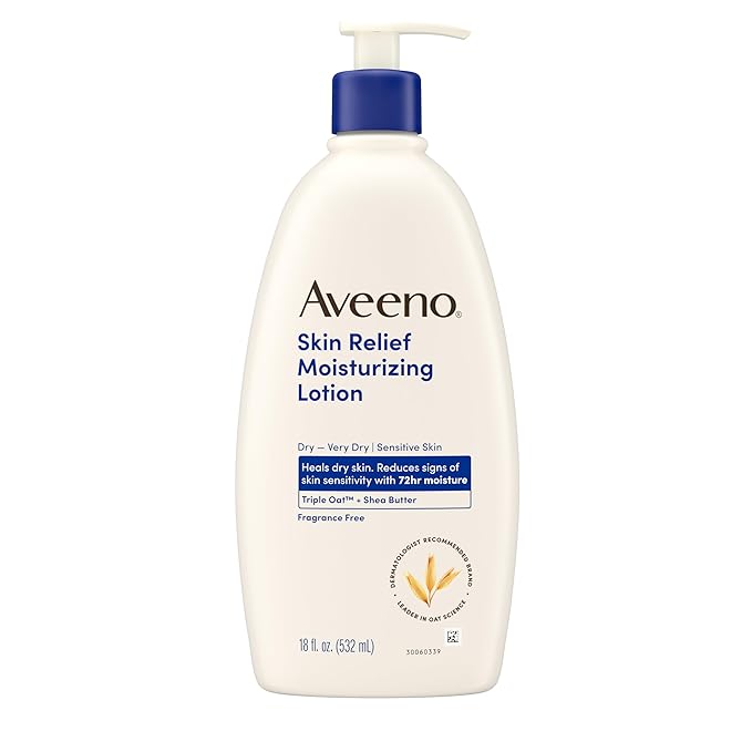Aveeno Skin Relief Moisturizing Body Lotion Heals Very Dry, Sensitive Skin, Fast Absorbing Lotion with Soothing Triple Oat & Shea Butter Formula, Fragrance Free Lotion, Non-Comedogenic, 18 Fl Oz