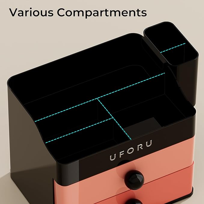 UFORU Makeup Organizer for Vanity with Brush Holder, Countertop Skincare Organizer with 2 Drawers, Spacious Cosmetic Display Case for Perfumes, Eyeshadow Palettes, Nail Polishes