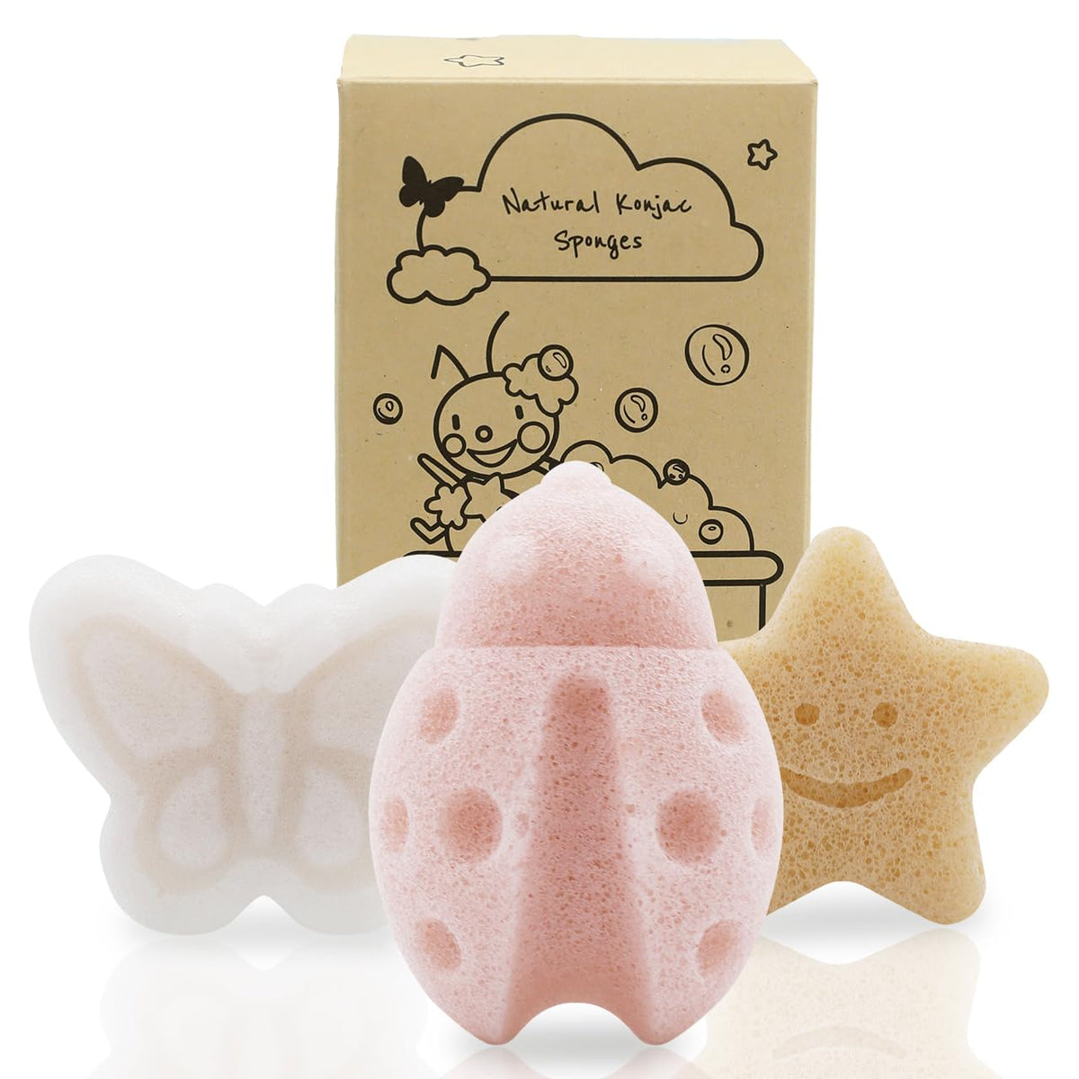 myHomeBody Konjac Sponge, Bath loofah, 3pc, Rabbit, Frog, Bear face