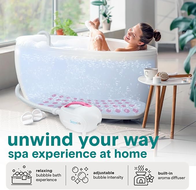 SereneLife Bubble Bath Mat - Portable Spa Bubble Bath Massager with Waterproof Bath Light & Pillow, Adjustable Bubble Intensity, Easy Button Control, Remote Control (Pink)
