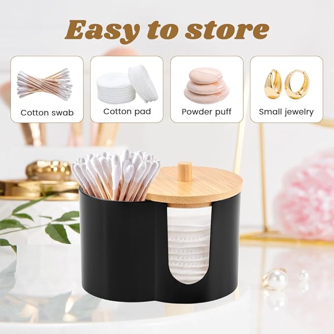 Axrivonte Qtip Holder Dispenser,Dual-Compartment Cotton Swab & Cotton Pad Organizer with Removable Dustproo-f Lid,Compact Countertop Storage Container(Black)