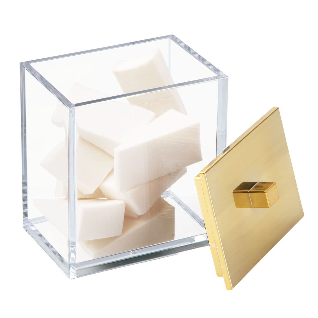 mDesign Plastic Rectangle Apothecary Canister - Organizer for Bathroom Vanity Countertop Shelf Decor - Holds Cotton Swabs, Soap, Makeup, Bath Salts - Lumiere Collection - 2 Pack - Clear/Gold