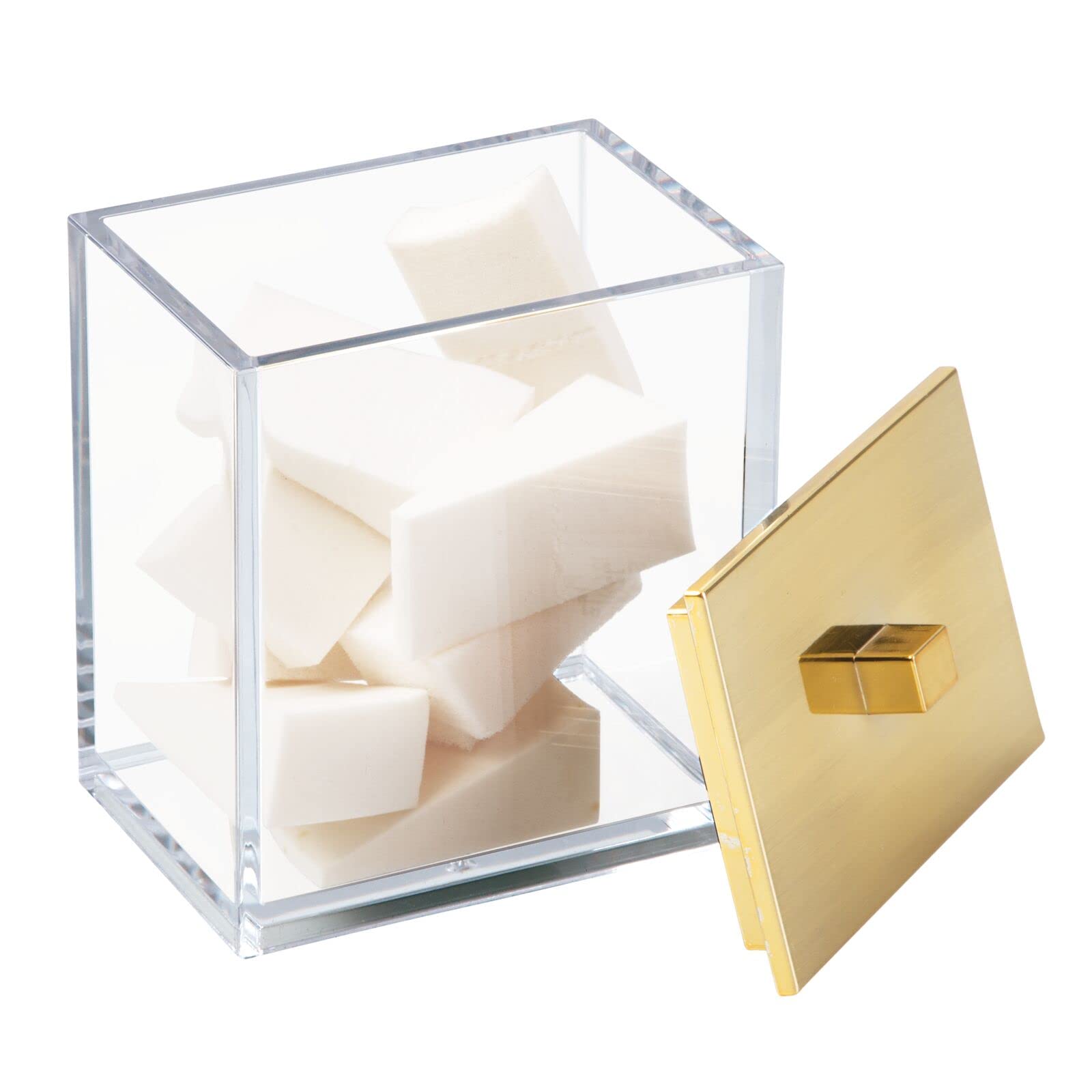 mDesign Plastic Rectangle Apothecary Canister - Organizer for Bathroom Vanity Countertop Shelf Decor - Holds Cotton Swabs, Soap, Makeup, Bath Salts - Lumiere Collection - 2 Pack - Clear/Gold