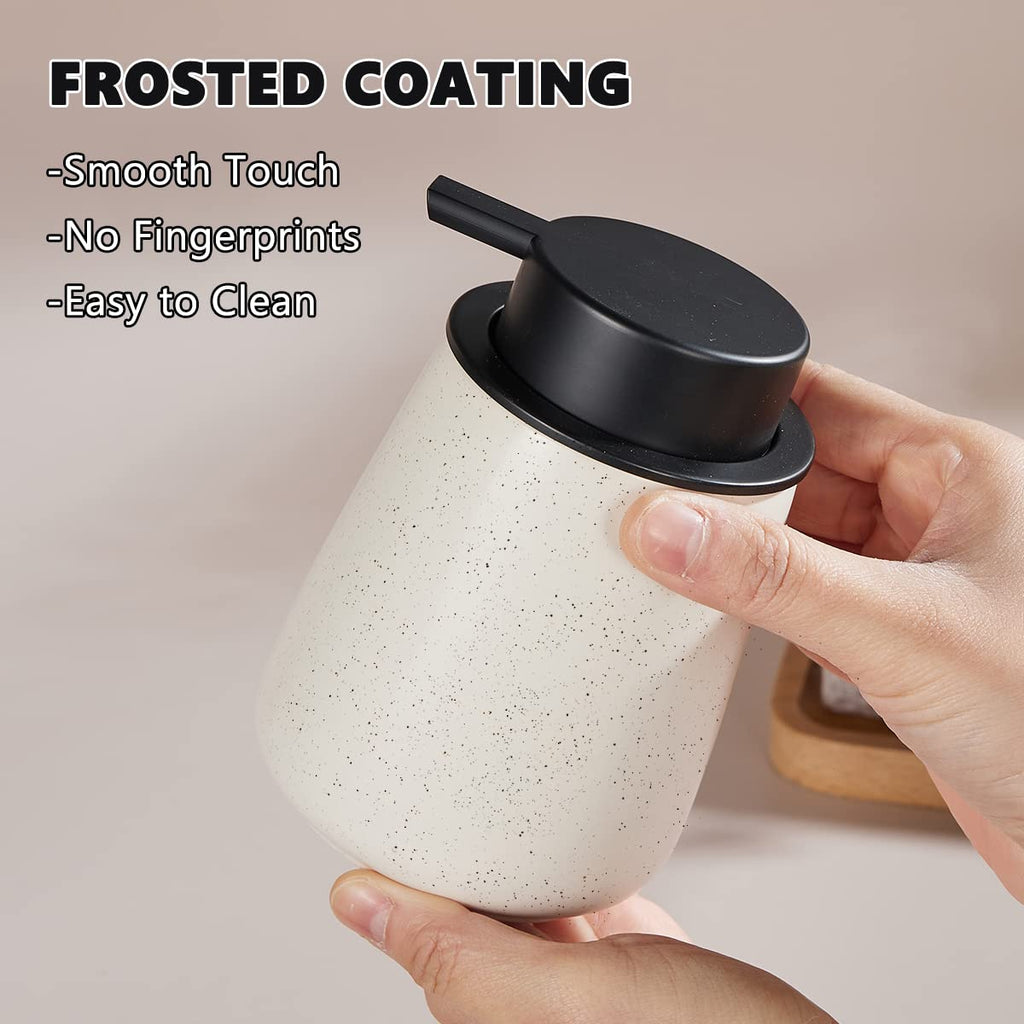 12Oz Hand Soap Dispenser Set - 2 Pack Ceramic Foam Soap Dispenser Set with Easy-to-Press Black Pump, Refillable Mordern Foaming Dish Soap Dispensers for Bathroom & Kitchen (Beige, Foam Pump)