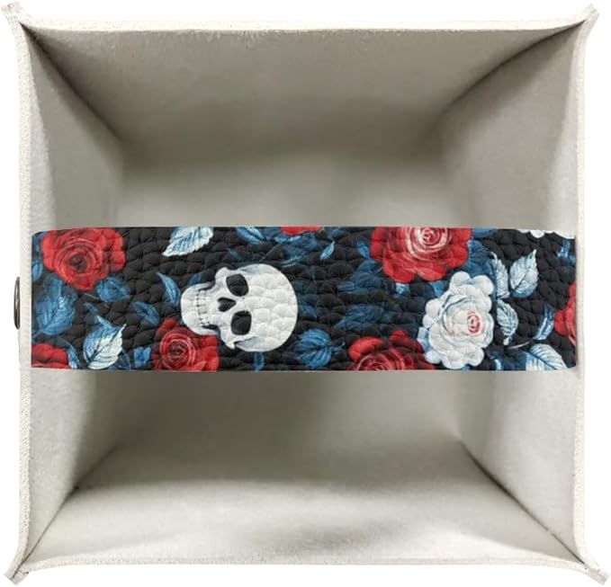 Red Rose Skull Modern Tissue Box Holder, Waterproof Square PU Leather Napkin Case with Metal Button Closure, Decorative Tissue Cover Organizer for Vanity, Desk, Car, and Living Room