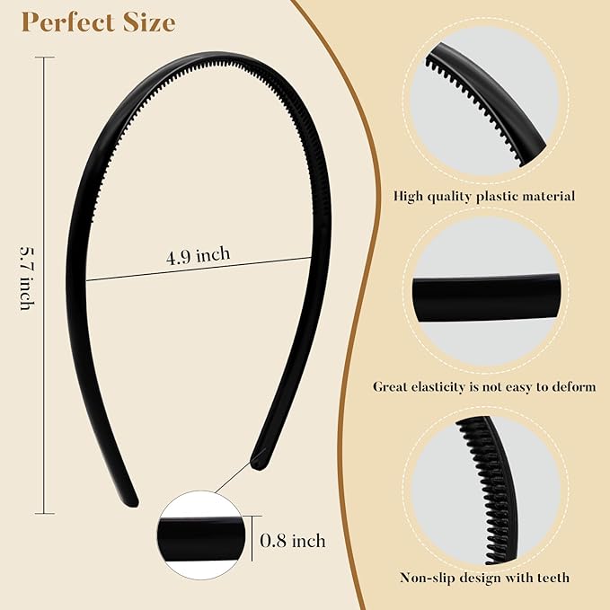 Plastic Thin Skinny Headbands - Headbands for Women - Plain Headband for Girls DIY - Hair Bands Teeth Comb Headband Halloween Comb - Black