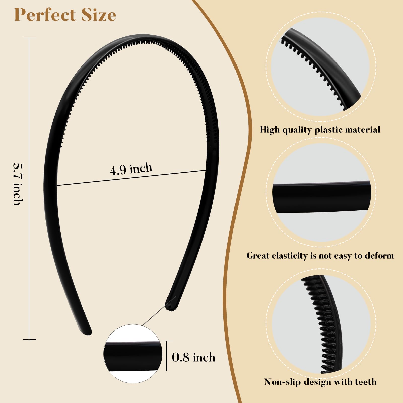 forenee Plastic Thin Skinny Comb Headbands for Women, Black, 4 Pack