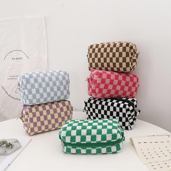 SxoSyo 2 Pcs Checkered Cosmetic Bags, Small Makeup Bag Purse, Pink