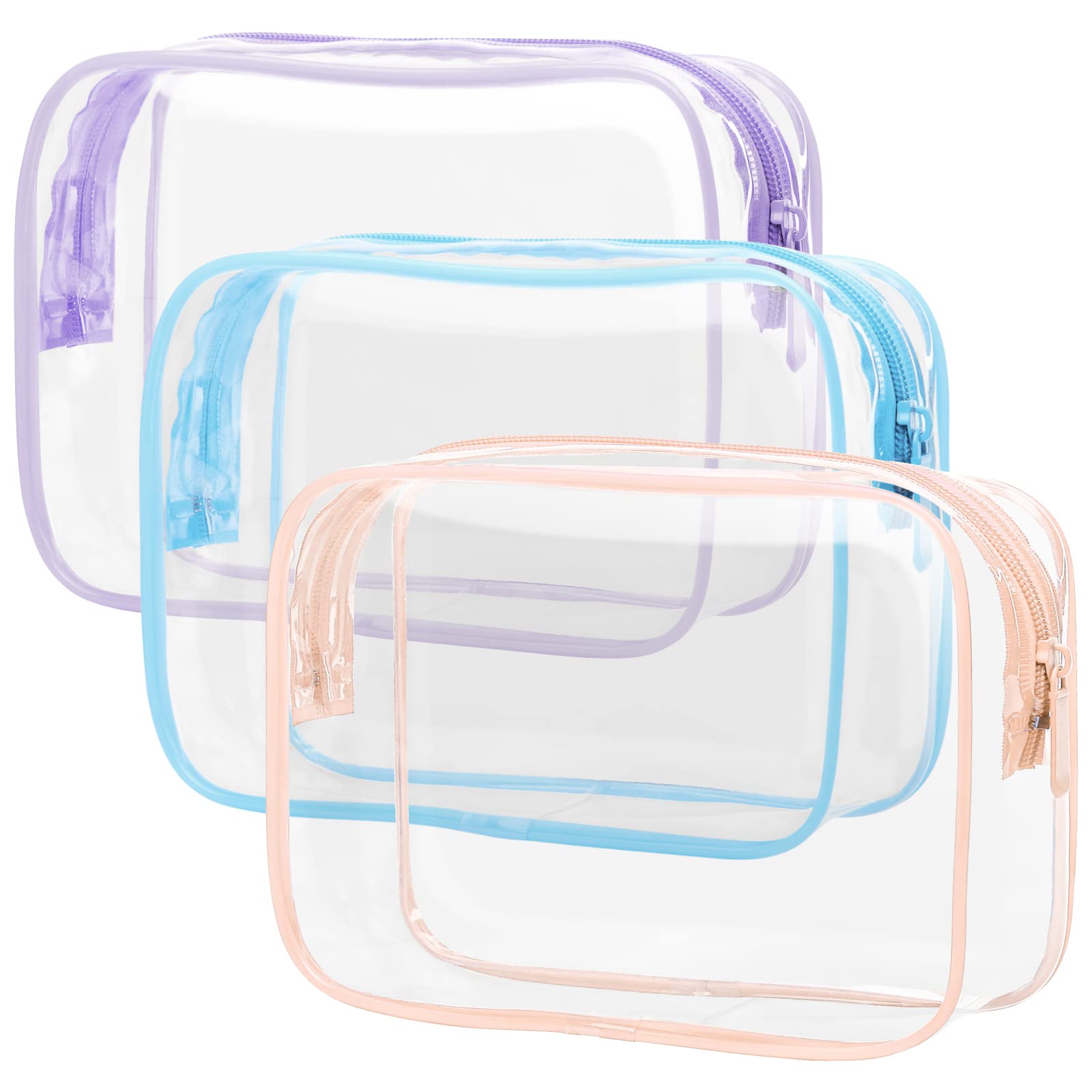 PACKISM TSA Approved Toiletry Bag 3 Medium - Quart Size Clear Makeup Bag for Carry On, Airport Security Compliant Clear Travel bag for Toiletries with Reinforced Seams, Blue Purple Pink