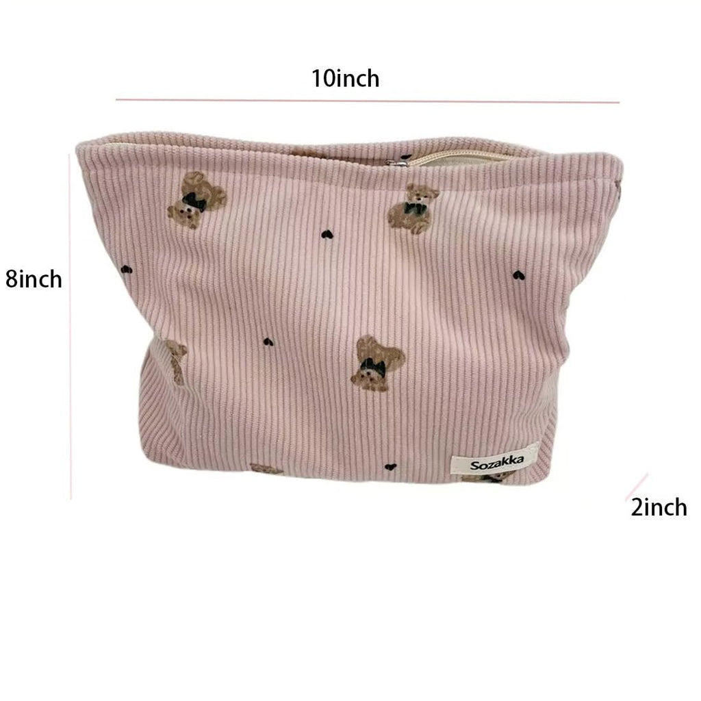 SxoSyo Corduroy Makeup Bags, Bear Cosmetic Purse, Pink