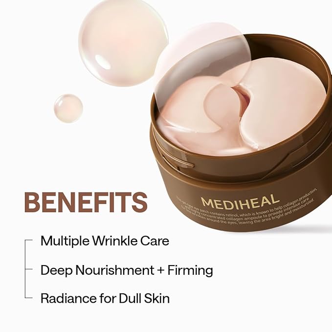 MEDIHEAL Retinol Collagen Under Eye Patches - Korean Hydrogel Eye Pads (60 patches) with 95% Retinol & Collagen - Improves Puffy Eyes & Dark Circles - Non Irritating, Encapsulated Retinol