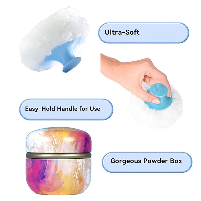 Body Powder Puff and Container, 3.35" Portable Dusting Powder Container with Soft Puff Loose Powder Case Box Jar with Lids for Baby Women Home and Travel Use