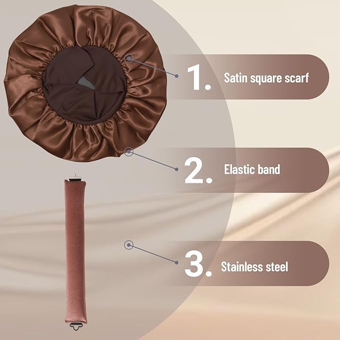 7 Pcs Jumbo Flexi Rods for Big Curls, Non Heat Hair Curlers for Overnight Curls, Blow Out Rods with Sleep Cap, Six brown non-heat curling rods and one coffee-colored sleeping cap