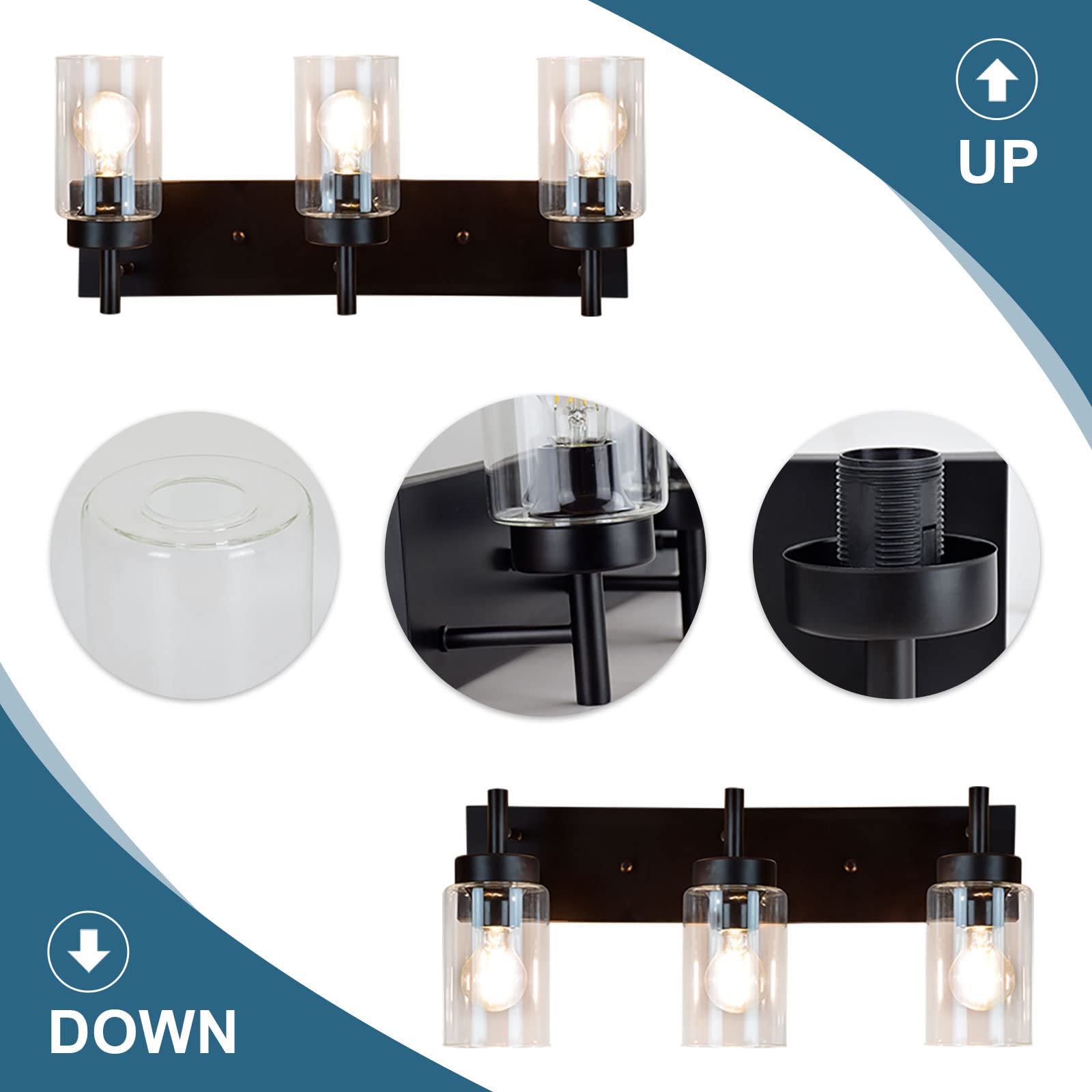 DLLT Wall Light Fixture, Vintage Bathroom Vanity Light with 3 Clear Glass Shade, Wall Sconces Lamp for Powder Room, Hallway, Kitchen, Mirror, Laundry Room (E26 Base)