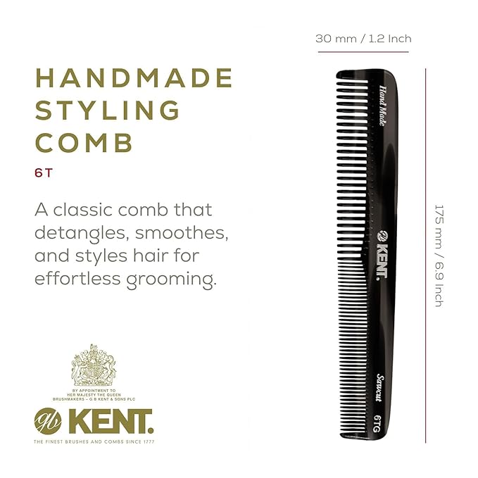 Kent 6T Black Graphite Fine Tooth and Wide Tooth Hair Comb, Handmade Styling Comb for Hair Care, Barber Combs, Beard Combs For Men, Styling Grooming for Men, Women and Kids