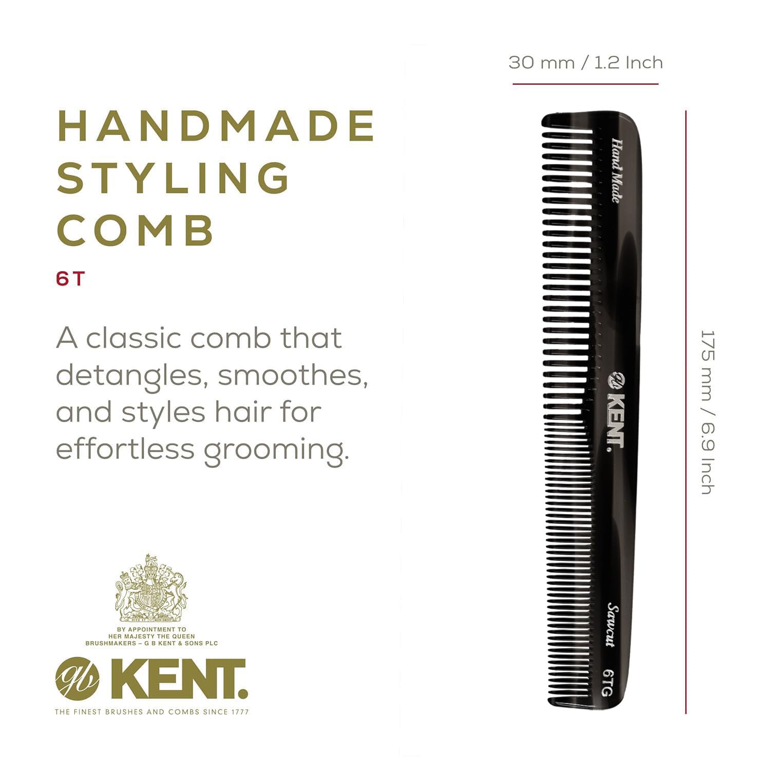 Kent 6T Black Graphite Fine Tooth and Wide Tooth Hair Comb, Handmade Styling Comb for Hair Care, Barber Combs, Beard Combs For Men, Styling Grooming for Men, Women and Kids