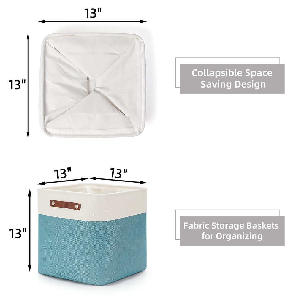 HNZIGE Cube Storage Baskets for Shelves Foldable Storage cubes Baskets(3 Pack) Cube Storage Bin,13 Inch Storage Basket for Organizing with Leather Handles for Toys, Clothes, Kids, Closet (White&Teal)