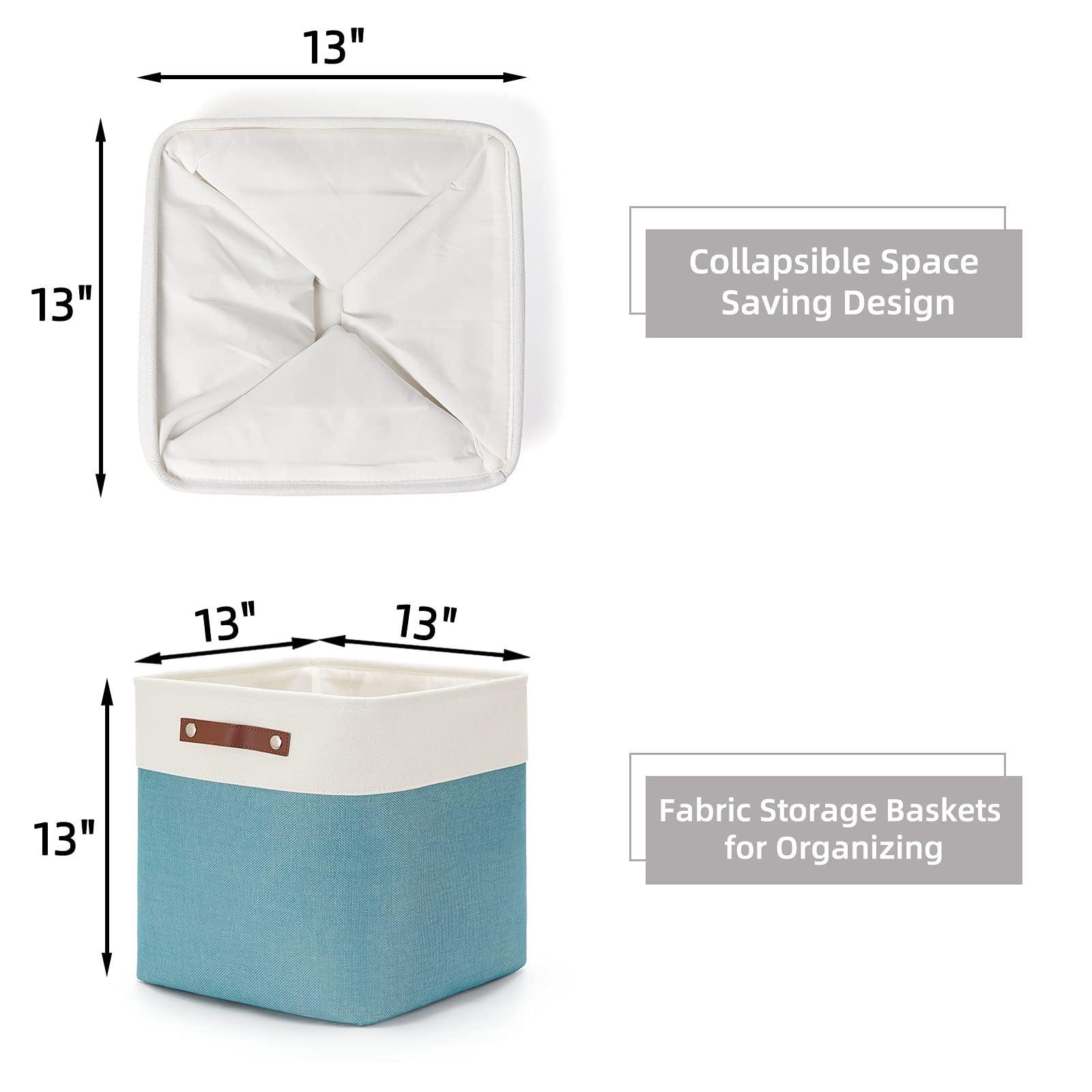 HNZIGE Cube Storage Baskets for Shelves Foldable Storage cubes Baskets(3 Pack) Cube Storage Bin,13 Inch Storage Basket for Organizing with Leather Handles for Toys, Clothes, Kids, Closet (White&Teal)
