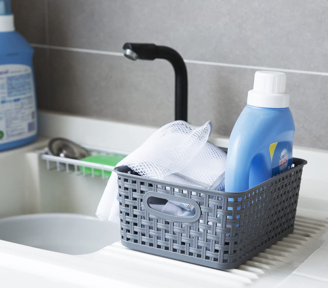 ZHENFAN Grey Plastic Woven Storage Basket, 6-Pack Weave Gray Basket Organizer for Kitchen Office Bathroom