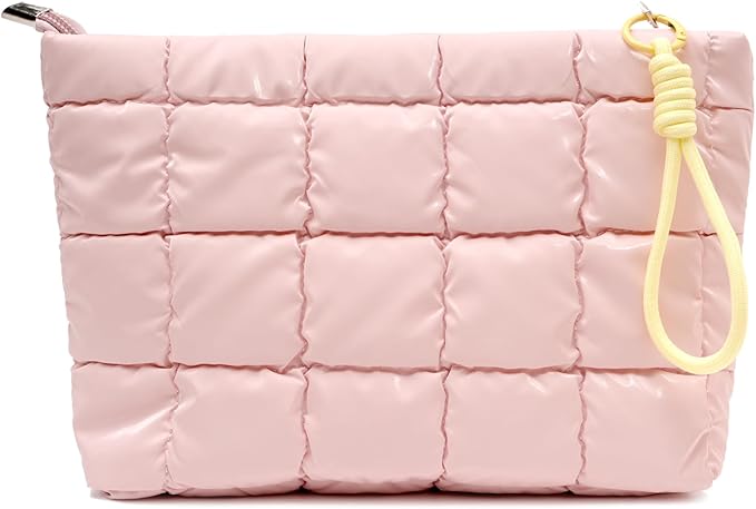 Beayuva Puffer Quilted Makeup Bag Travel Cosmetic Bag Portable Puffy Checkered Toiletry Pouch Skincare Organizer Purse Pencil Case (Pink)