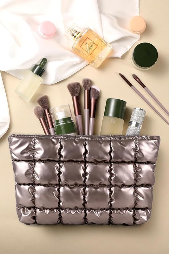HFLZBRO Puffy Quilted Makeup Bag, Cosmetic Bag, Travel Toiletry Organizer Pouch, Clutch for Women (Gold)