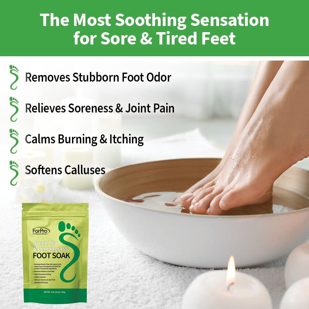 ForPro Professional Collection Green Tea & Lemongrass Foot Soak with Sea & Epsom Salt for Toenail Athletes, Stubborn Odor Scent, Softens Calluses & Soothes Sore Tired Feet - 48 Ounces (3 1-lb Packs)