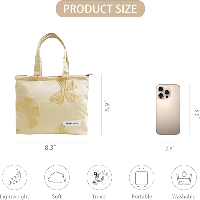 Wudygirl Makeup Bag Travel Cosmetic Bag for Women Small Makeup Pouch with Handle Zipper Cosmetic Pouch Handbag Aesthetic 8.3" x 6.7"(Yellow Bow)