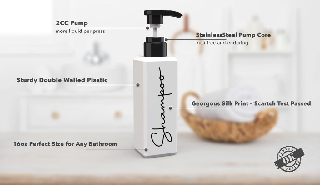 Spa-Inspired Refillable Shampoo and Conditioner Bottles - Dispenser Set of 3 with Pump - Bottles for Shower Wall – Printed Shampoo, Conditioner & Body Wash