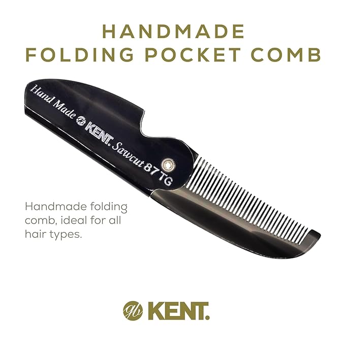 Kent 87T Black Graphite Handmade Folding Pocket Comb for Men, Fine Tooth Hair Comb Straightener for Everyday Grooming Styling Hair, Beard or Mustache, Saw Cut Hand Polished, Made in England (6 Pack)