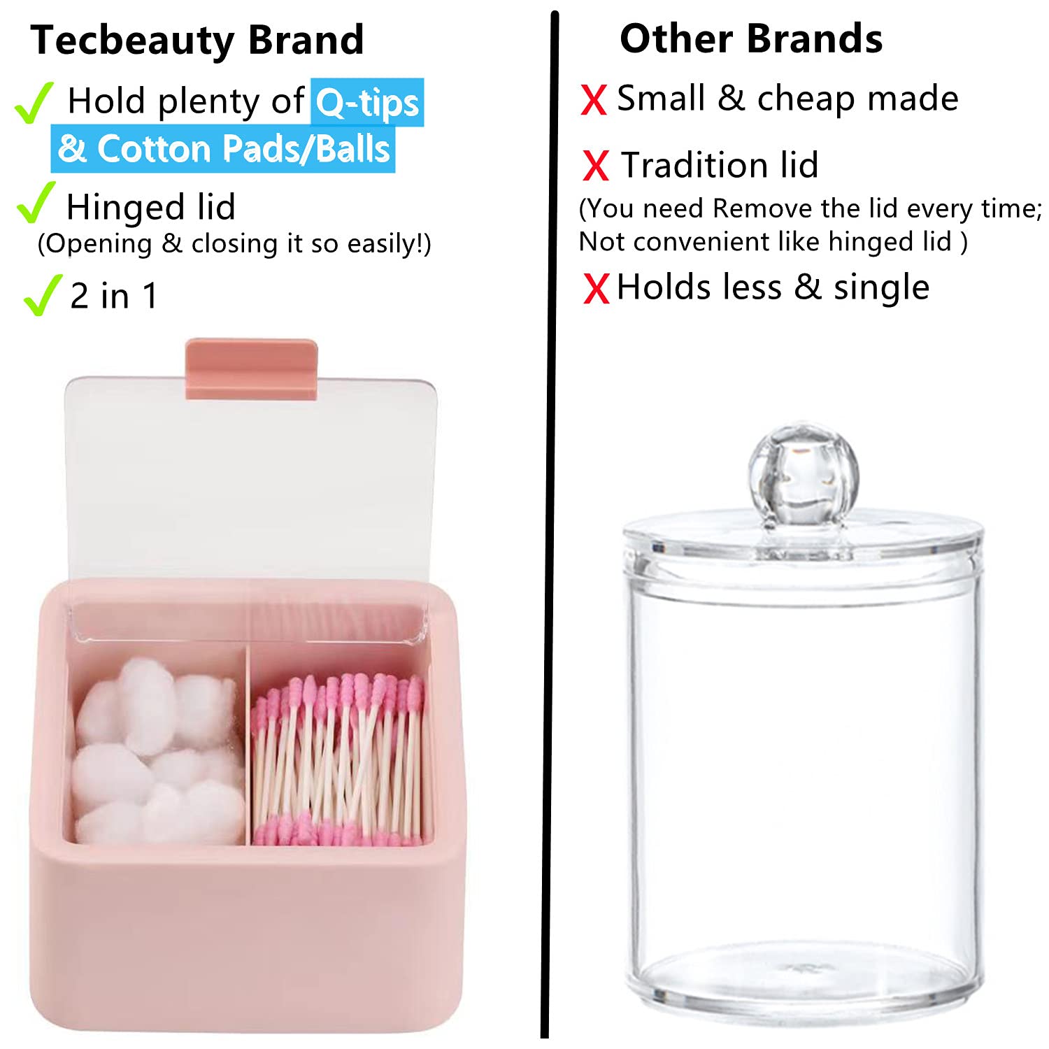 Tecbeauty 2pcs Qtips Holder - Middle Divider Cotton Pads Storage Dispenser Bathroom Organizer with Clear Hinged Lids for Cotton Balls Swabs Rounds-White & Pink