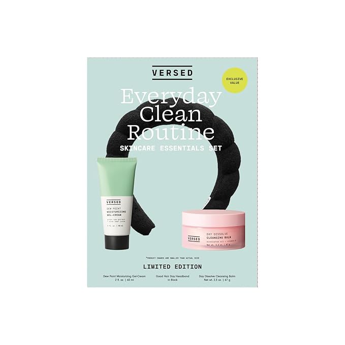Versed Everyday Clean Routine Travel Essentials 3-Piece Skincare Set - Dew Point Gel Cream (2 fl oz), Good Hair Day Black Headband & Day Dissolve Cleansing Balm (2.3 oz) - Non-Toxic + Vegan