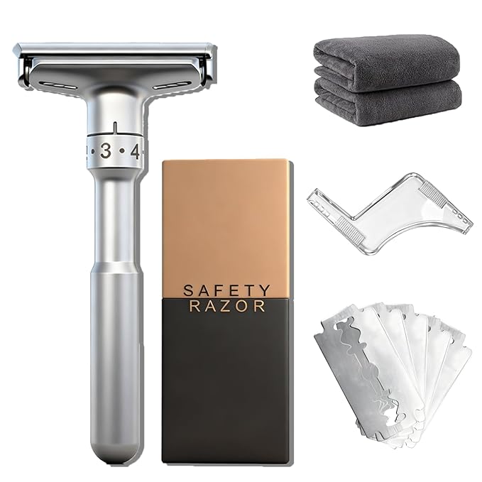 Travel Double Edge Safety Razor, Classic Safety Shaver Razor with Long Handle Adjustable (Razor with Beard Shaping Tool and Hot Compress Shaving Towel)