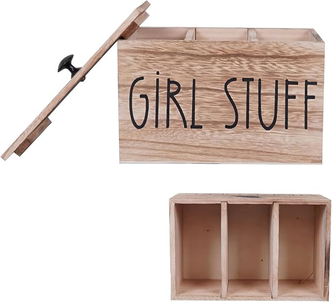 3 Compartments Pad and Tampon Organizer, Wooden Menstrual Care Storage Box, Girl Stuff Design Sanitary Napkin Storage Container, 7.9x5.1x5.1inches