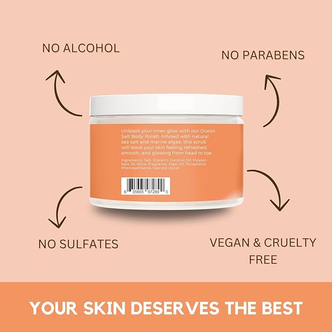 Sea Salt Body Scrub by Florida Suncare - Ocean Salt Body Polish Infused with Marine Algae - Exfoliating Face and Body Scrub - Facial Scrub Exfoliator to Tackle Acne and Scars (Coconut Mango, 3.3 oz)
