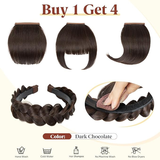 SARLA Braided Headband with 3 Detachable Clip in Bangs Fringe Hairpieces Fake Synthetic Hair Band Bangs for Women Dark Chocolate