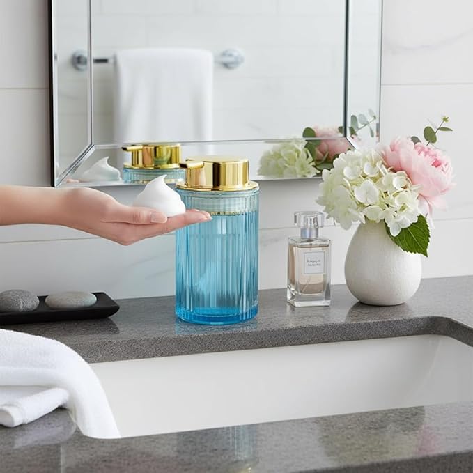 Tonxus Foaming Soap Dispenser, 12 Oz Blue Glass Foam Hand Soap Dispenser, Refillable Glass Foam Pump Bottle Container Decorative Slim Ribbed Bottle for Bathroom and Kitchen