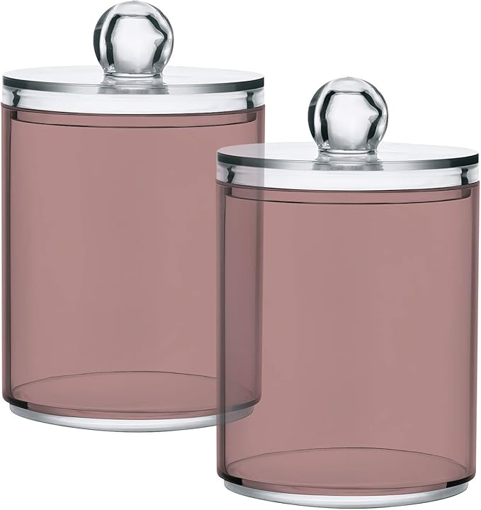 Rosy Brown Qtip Holder Organizer Dispenser Cotton Swabs Cans Plastic Jars with Lid Set 2 Pack Bathroom Storage Canister for Cotton Ball Floss Cotton Pads