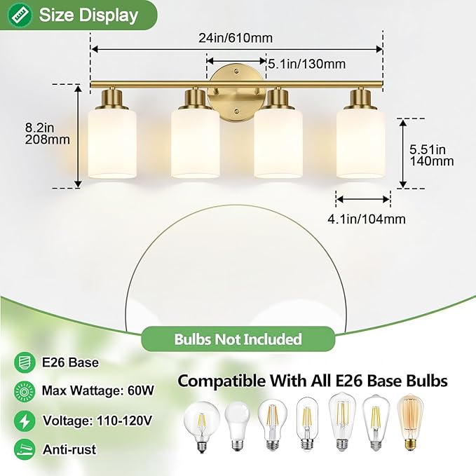 Zarbitta 4-Light Bathroom Light Fixtures, Brushed Gold Modern Vanity Lights with Milky White Frosted Glass Shades, Bathroom Wall Lamp for Mirror Kitchen Living Room