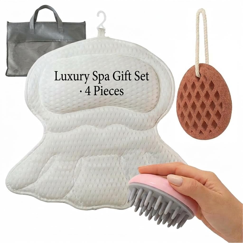 Bath Pillow for Tub, Luxury 4-Piece Spa Gift Set, Head, Neck & Back Support