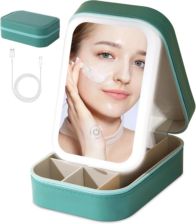 voioe Small Travel LED Makeup Mirror Case with 3 Adjustable Color Light Settings, Dust-Proof Jewelry Box, Mini Cosmetic Train Case Ideal for Short Trips (Green)