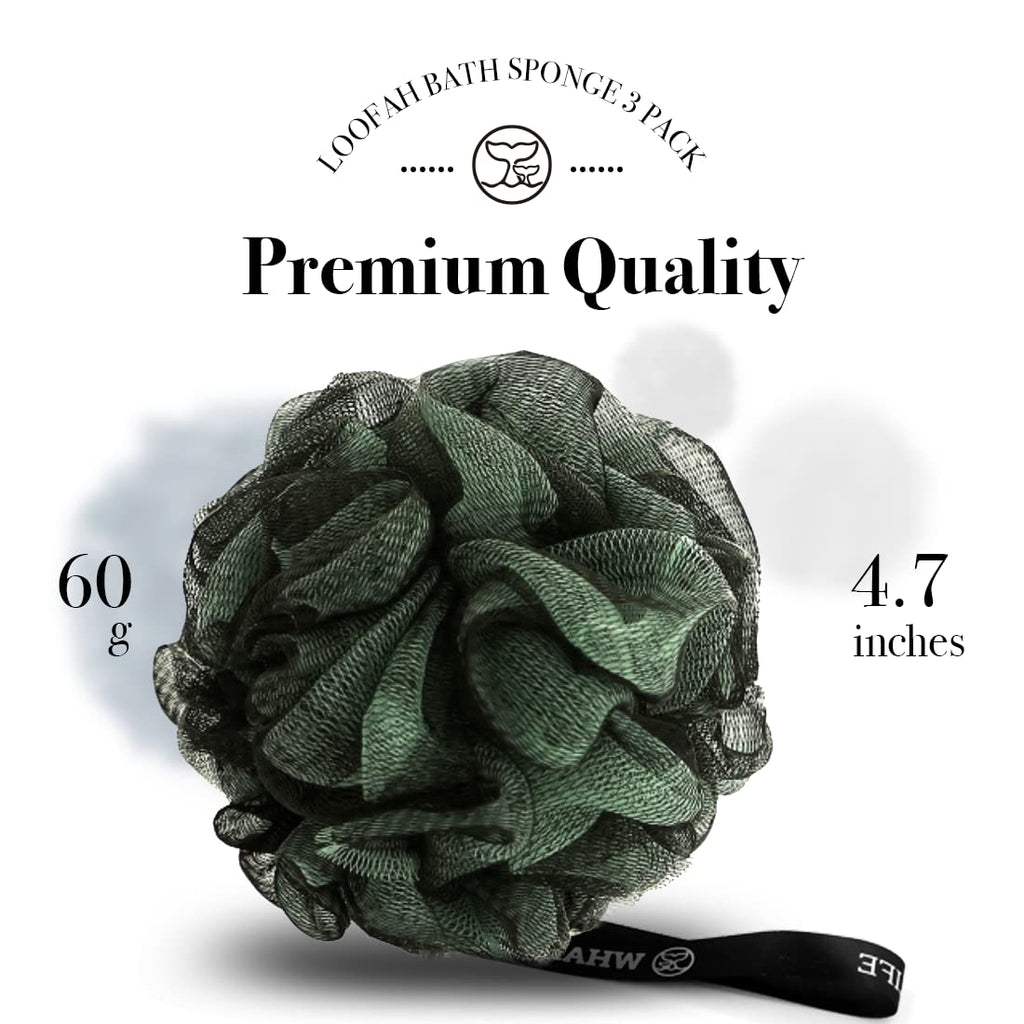 WhaleLife Loofah Bath Sponges - Gentle Exfoliating Shower Loofah for Rich Lather, Durable Matte Mesh Body Scrubber for Men & Women 4 Pack