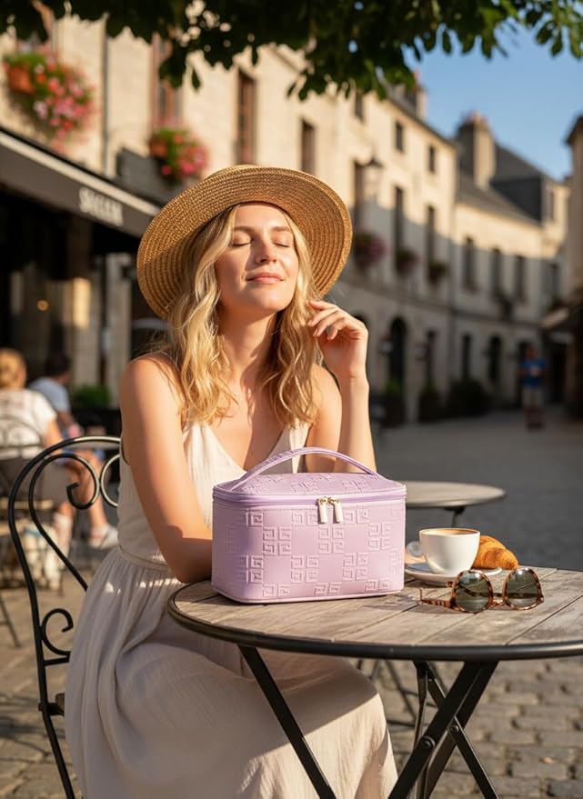 Meiyuuo Travel Makeup Bag for Women, PU Leather Cosmetic Bag, Light Purple