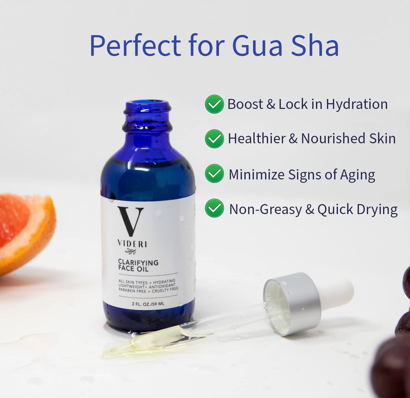 Videri Gua Sha Face Oil - Anti Aging Organic Face Serum, Grapeseed, Argan, Grapefruit & Vitamins C & E. Nature Vegan Formula, Face Roller Oil for Facial Massage Tools. Large 2 Oz