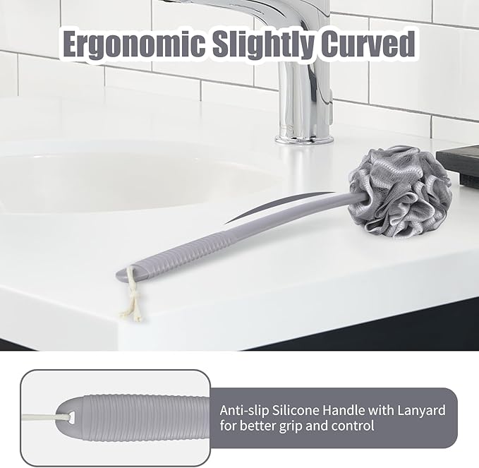 VANZAVANZU Loofah Sponge Set Back Scrubber for Shower, Anti-Slip Plastic 17" Handle Loofah on a Stick with Fluffy Shower Sponge, PE Soft Mesh Shower Loofahs-Gray with White Edge