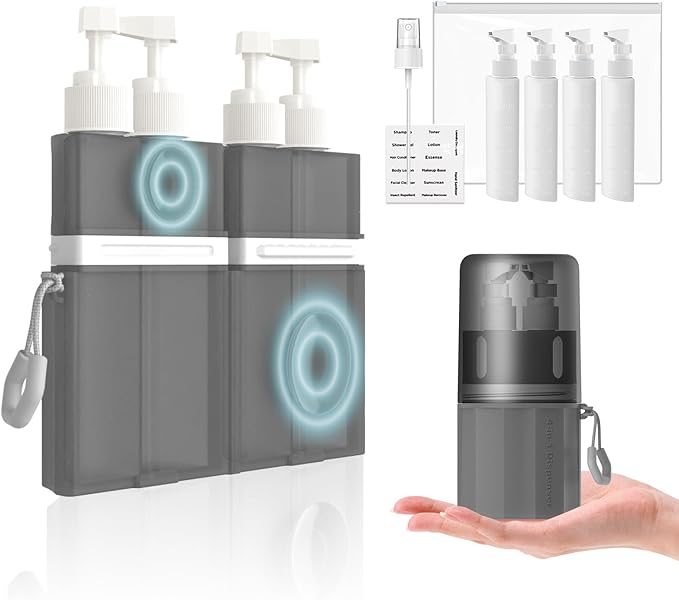 AnOis7ter 4 in 1 Travel Dispenser Bottle, TSA Approved Refillable Shampoo and Conditioner Bottles Set with Suction Cup for Smooth Walls, Travel Size Toiletries Container for Body Wash/Lotion.(Grey)